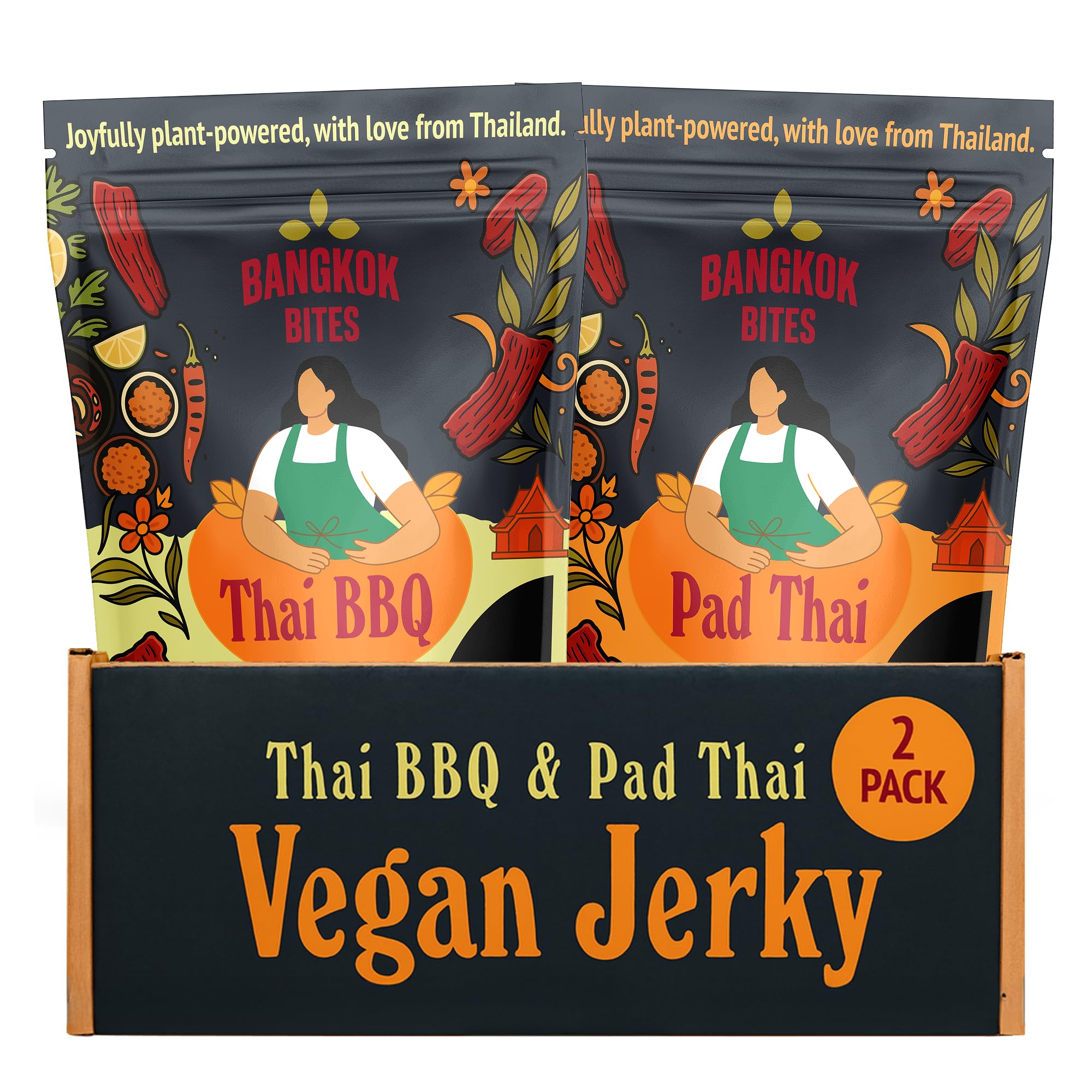 Bangkok Bites Vegan Jerky – Variety Pack (Thai BBQ + Pad Thai), Real Ingredients