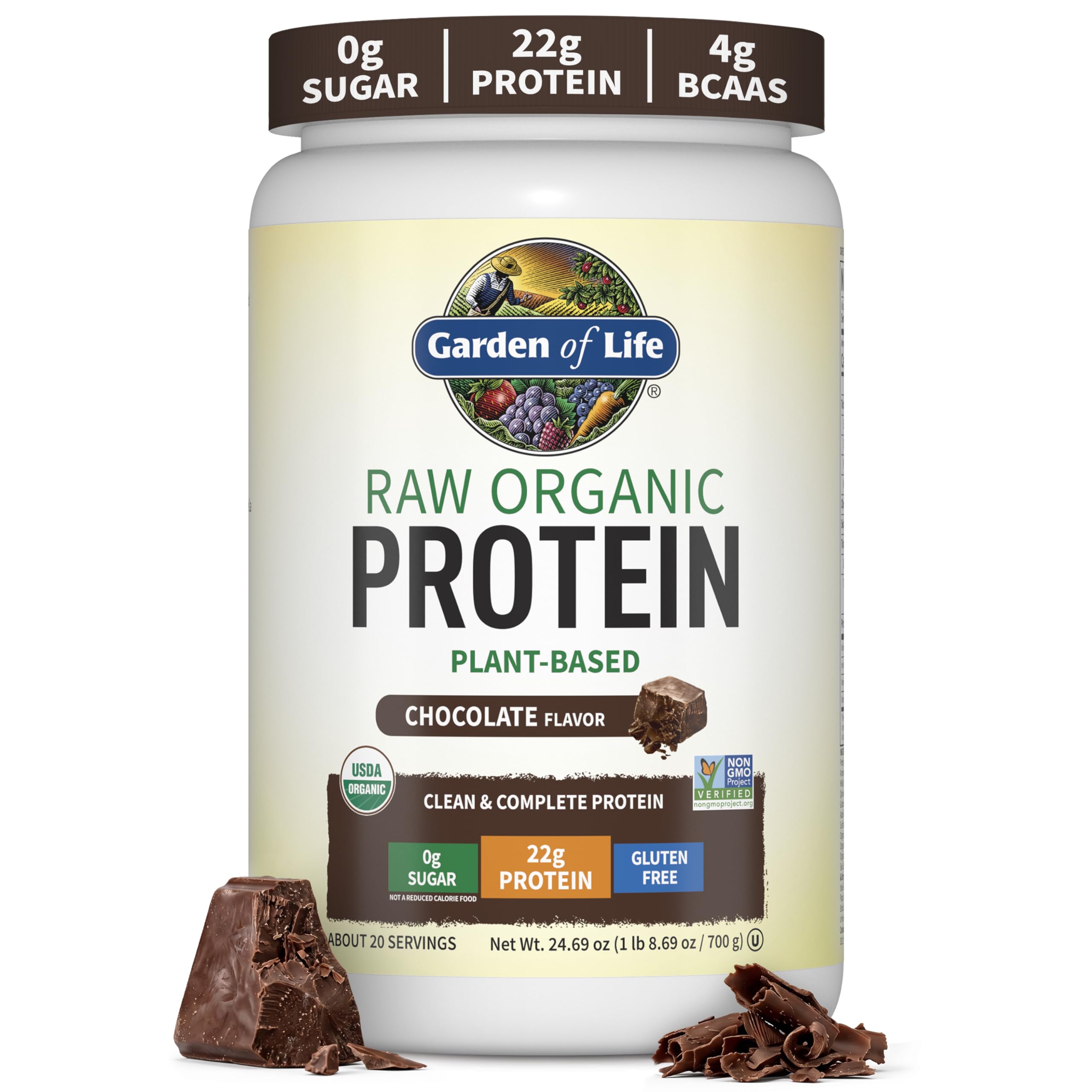 Garden of Life Raw Organic Protein Powder, Vegan, Chocolate, 20 Servings | BCAA,