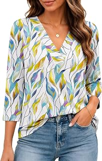 Bliwov レディース 七分袖 Vネック トップス ルーズフィット Tシャツ カジュアル ブラウス