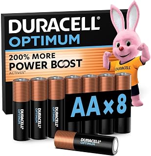DURACELL Optimum AA Alkaline Batteries (8 Pack) 1.5V, LR06 | Double A Battery - 200% More Power Boost Actives - For High Drain Devices - Surveillance Systems - 100% Recyclable Packaging