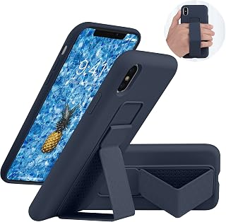 LAUDTEC Silicone Kickstand Case Compatible with iPhone X/XS, Vertical and Horizontal Stand Hand Strap Metal Kickstand Cover, Flexible Soft Liquid Silicone Stand Case for iPhone X/XS (Blue)