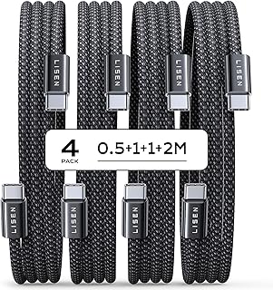 LISEN 60 W USB C Cable, [Pack of 4, 0.5 m, 1 m, 1 m, 2 M] USB C to USB C | PD 3.0 Fast Charging Cable USB C for iPhone 18 Pro Max Accessories, iPhone 17 16 15, Switch, Samsung Galaxy, Pixel, MacBook