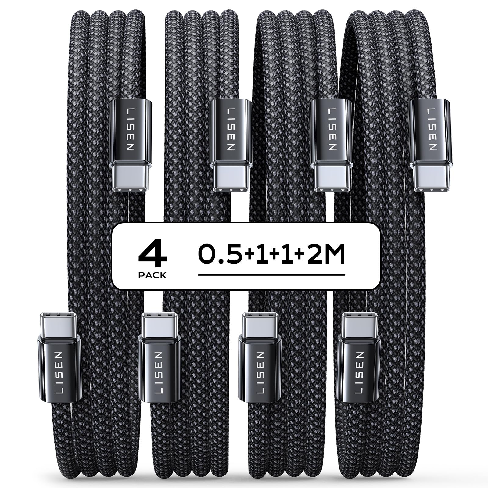 LISEN 60 W USB C Cable, [Pack of 4, 0.5 m, 1 m, 1 m, 2 M] USB C to USB C | PD 3.