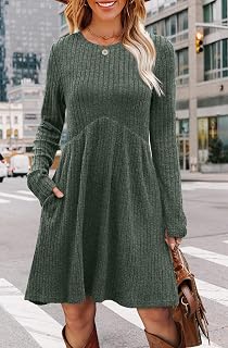 Women Long Sleeve Tunic Dress Round Neck Empire Waist Tunic Dress with Pockets