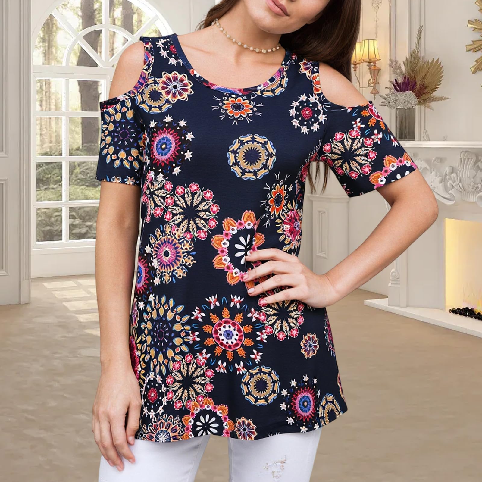 Off Shoulder Floral Tops for Women, Loose Fit Short Sleeve Printed Blouse, Casua