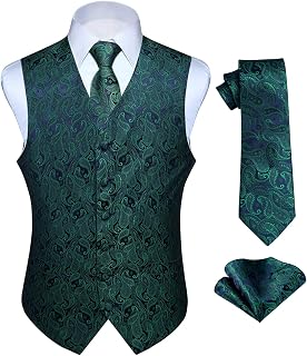 Hisdern Men's Floral Wedding Waistcoat, Tie and Handkerchief Set, Jacquard Waistcoat Suit Set