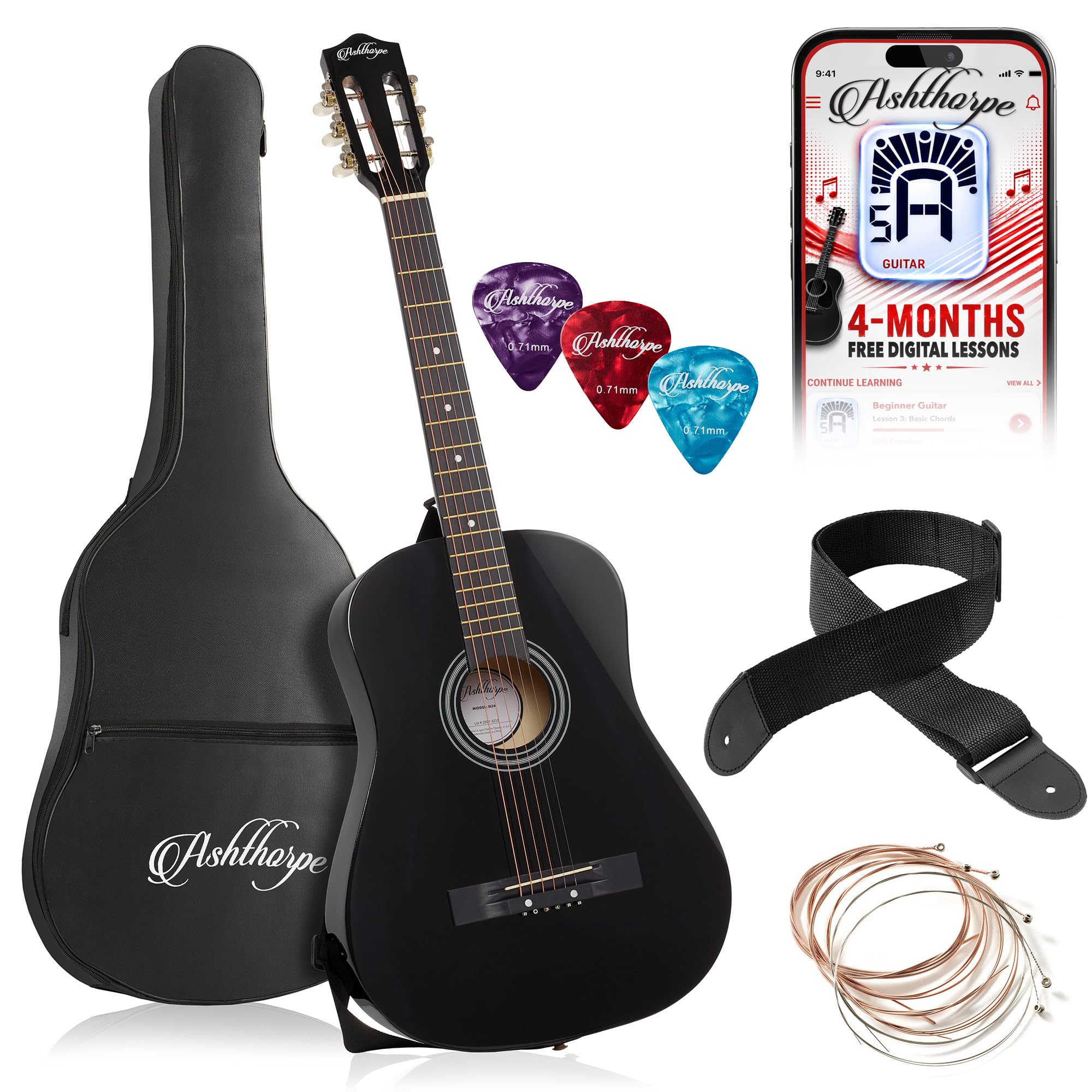 Ashthorpe 38-inch Beginner Acoustic Guitar (Black), Starter Kit with Gig Bag, Ex