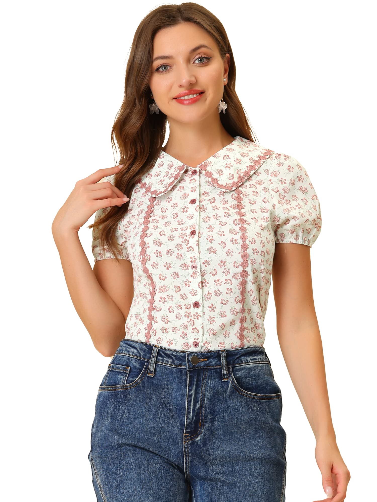 Women's 1950s Peter Pan Collar Floral Blouse