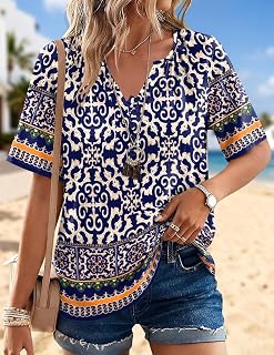 Women Boho Button Blouses Summer Casual Short Sleeve Loose Beach Vacation Blouses