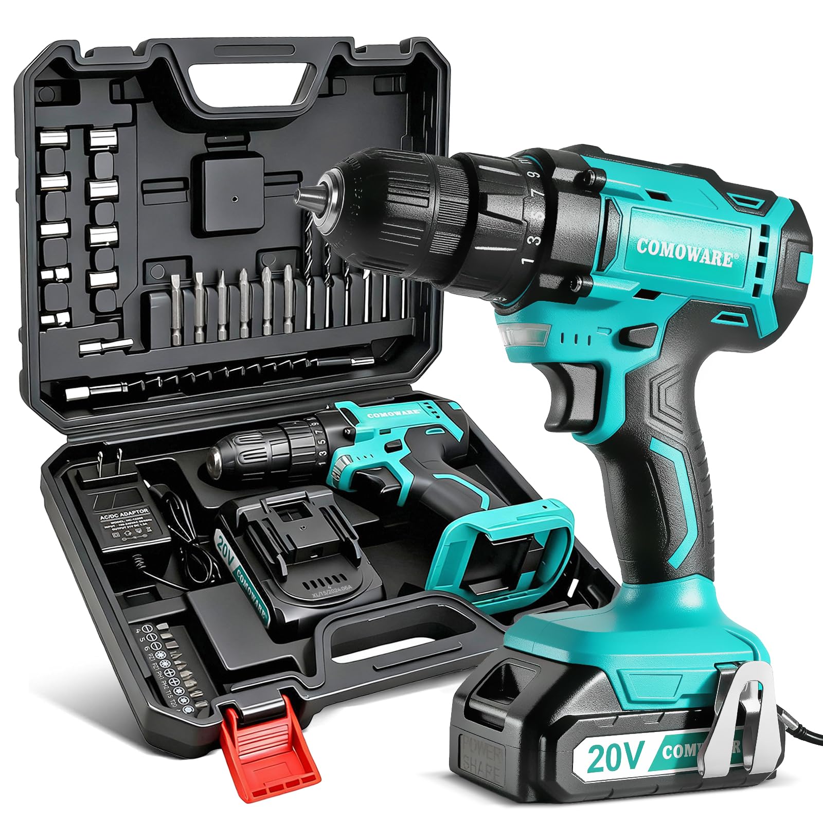 COMOWARE 20V Cordless Drill & Bits Set w/Charger, Battery and Storage Case | wit