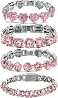shopbyskyler 4PCS Gold Bracelets for Women Silver Clustered Tennis Bracelet for Women Heart Round Diamond Cuban Bracelet Layered Link Bracelet Set Fashion Jewelry for Women Set