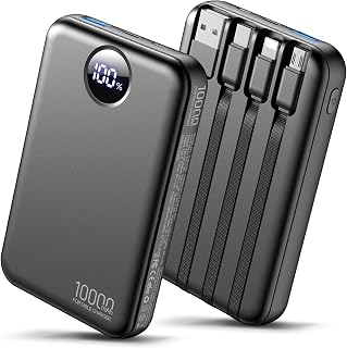 Power Bank 10000mAh with 4 Built-in Cables Portable Charger Fast Charging | Travel Essentials for USB C Battery Pack for iPhone/Samsung/Android, LED Display Powerbank for Multiple Devices-Black