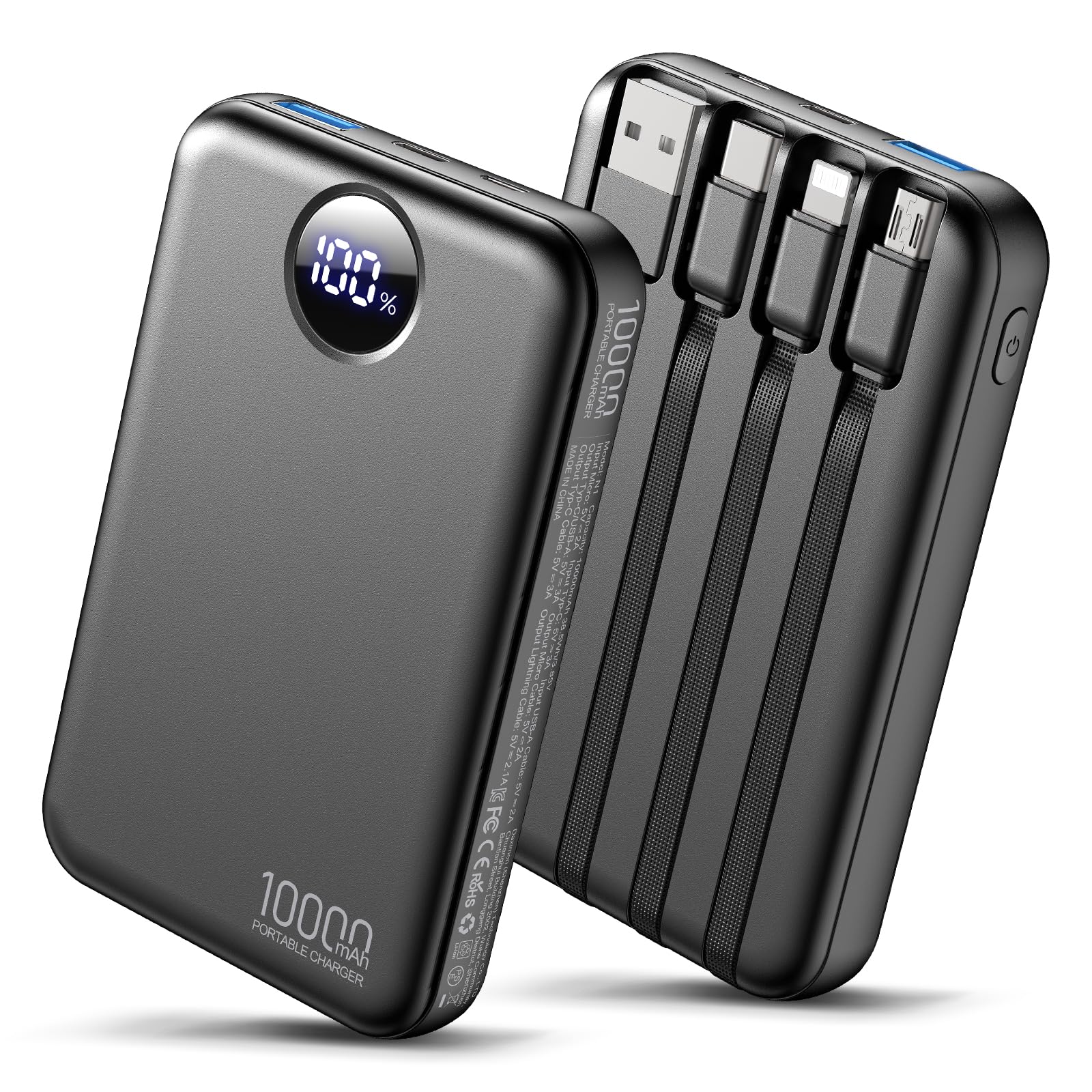 Power Bank 10000mAh with 4 Built-in Cables Portable Charger Fast Charging | Trav