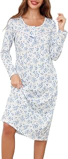 Lovasy Long Nightdresses for Women UK Cotton Button Front Ladies Nighties Long Sleeve Nightshirts with Pockets