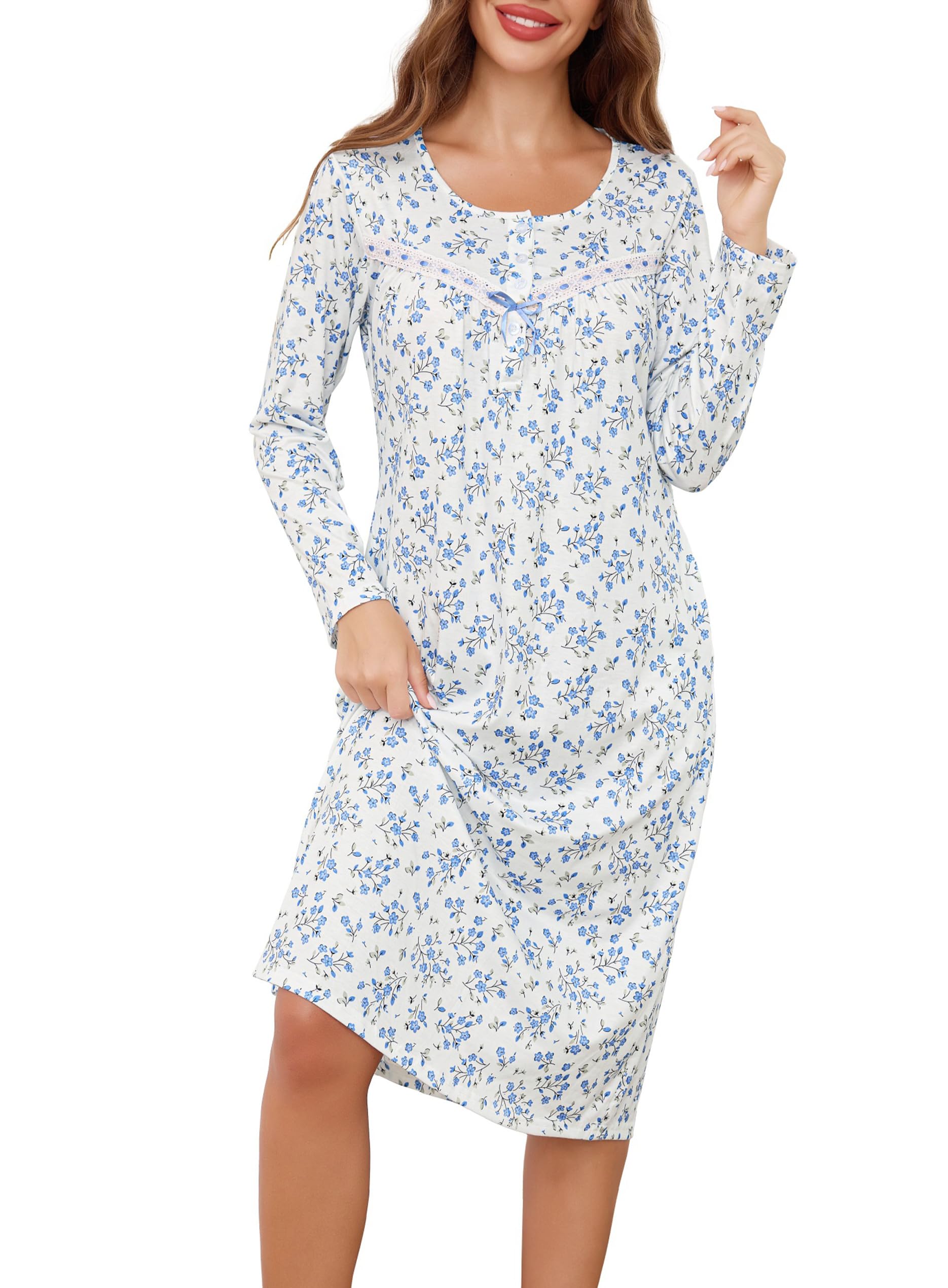 Lovasy Long Nightdresses for Women UK Cotton Button Front Ladies Nighties Long S