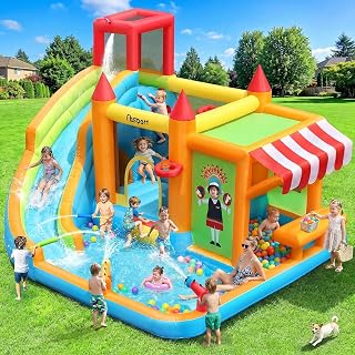 FBSPORT Inflatable Bounce House Water Slide,10 in 1 Kids Bouncy Castle | with Toy Market Stand Splash Pool Bouncer Climbing Wall Water Gun Ball Dart,Climbling,680W Blower for Outdoor Indoor Backyard