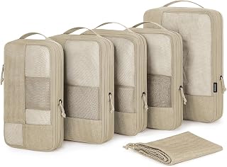 Compression Packing Cubes for Suitcase, 6 Set BAGSMART Travel Packing Cubes for Luggage, Compression Travel Cubes & Suitcase Organizer for Packing with Shoe Bag Khaki