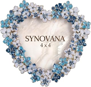 4x4 Heart-Shaped Blue Flower Picture Frame with Rhinestones