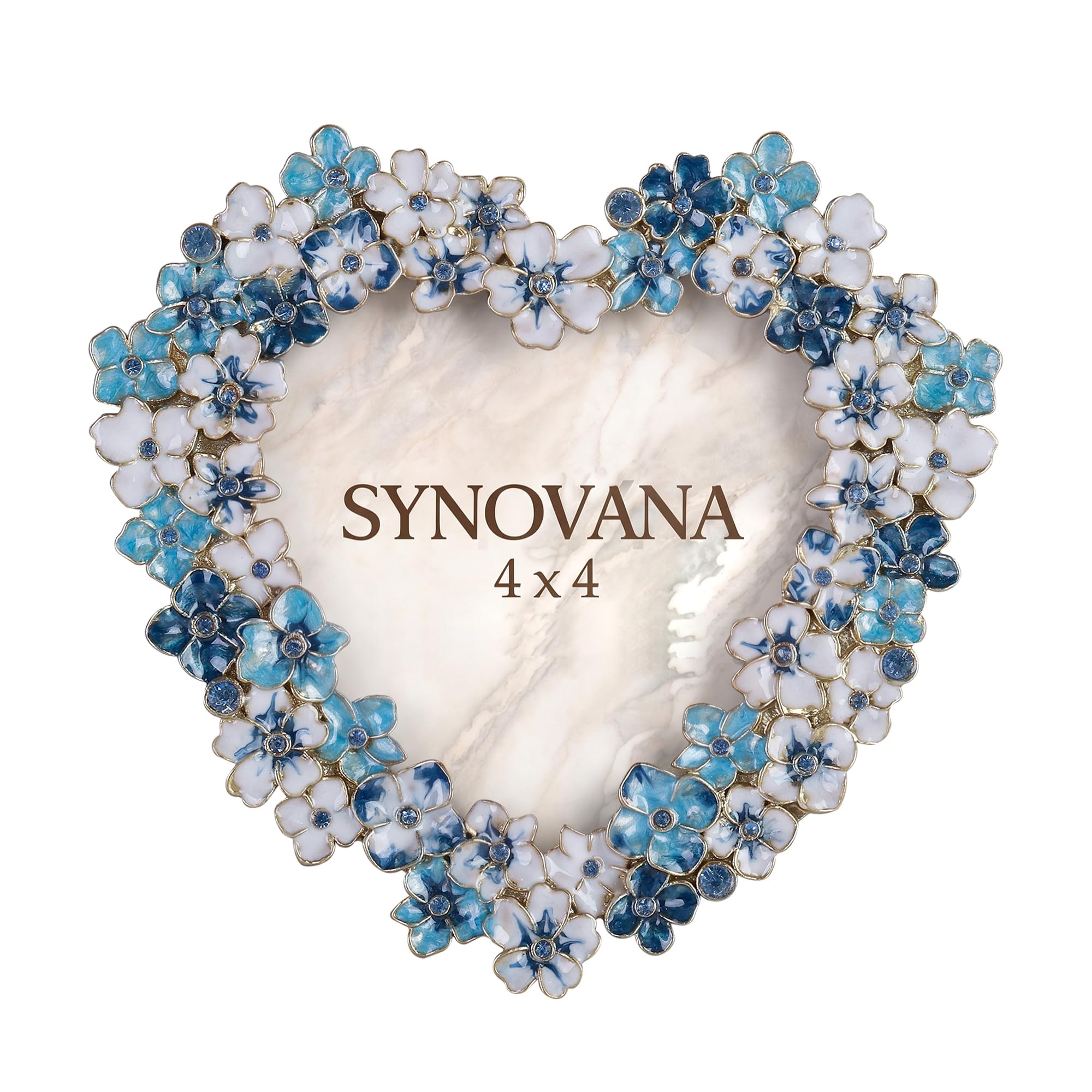 4x4 Heart-Shaped Blue Flower Picture Frame with Rhinestones
