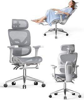 naspaluro Ergonomic Office Chair, Desk Chair Armrests 3D Headrest, High Mesh Backrest, Lumbar Support, Footrest, Computer Swivel Chair for Home Office, Work and Gaming - Grey