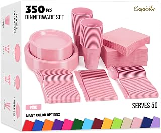 Exquisite 350 Pcs Pink Plates and Napkins Party Supplies Plate Sets | Sturdy Plastic Dinnerware Set With 9" & 7" Plates, 12 Oz Cups, Lunch Napkins and Cutlery Serves 50 for Birthdays & Everyday