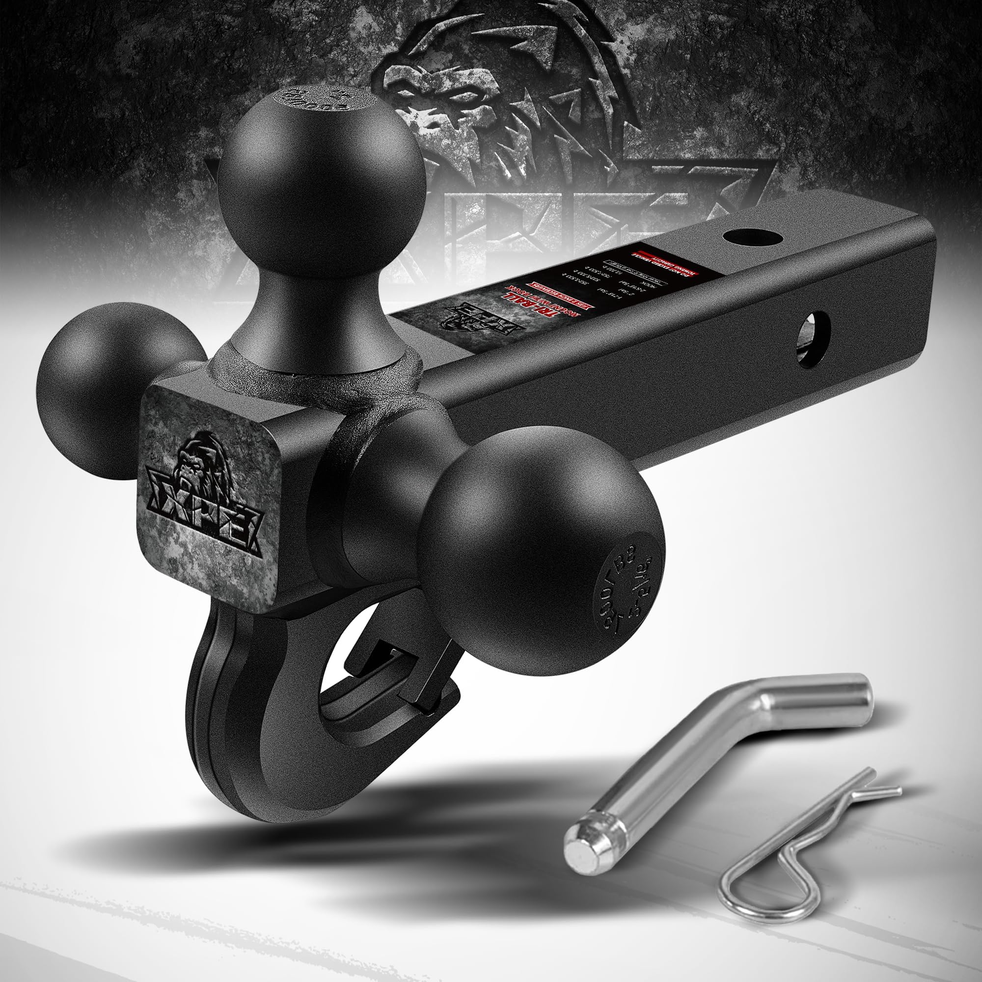 XPE Tri Ball Trailer Hitch Mount with Hook Fits 2 Inch Receiver Matte Black | 3-