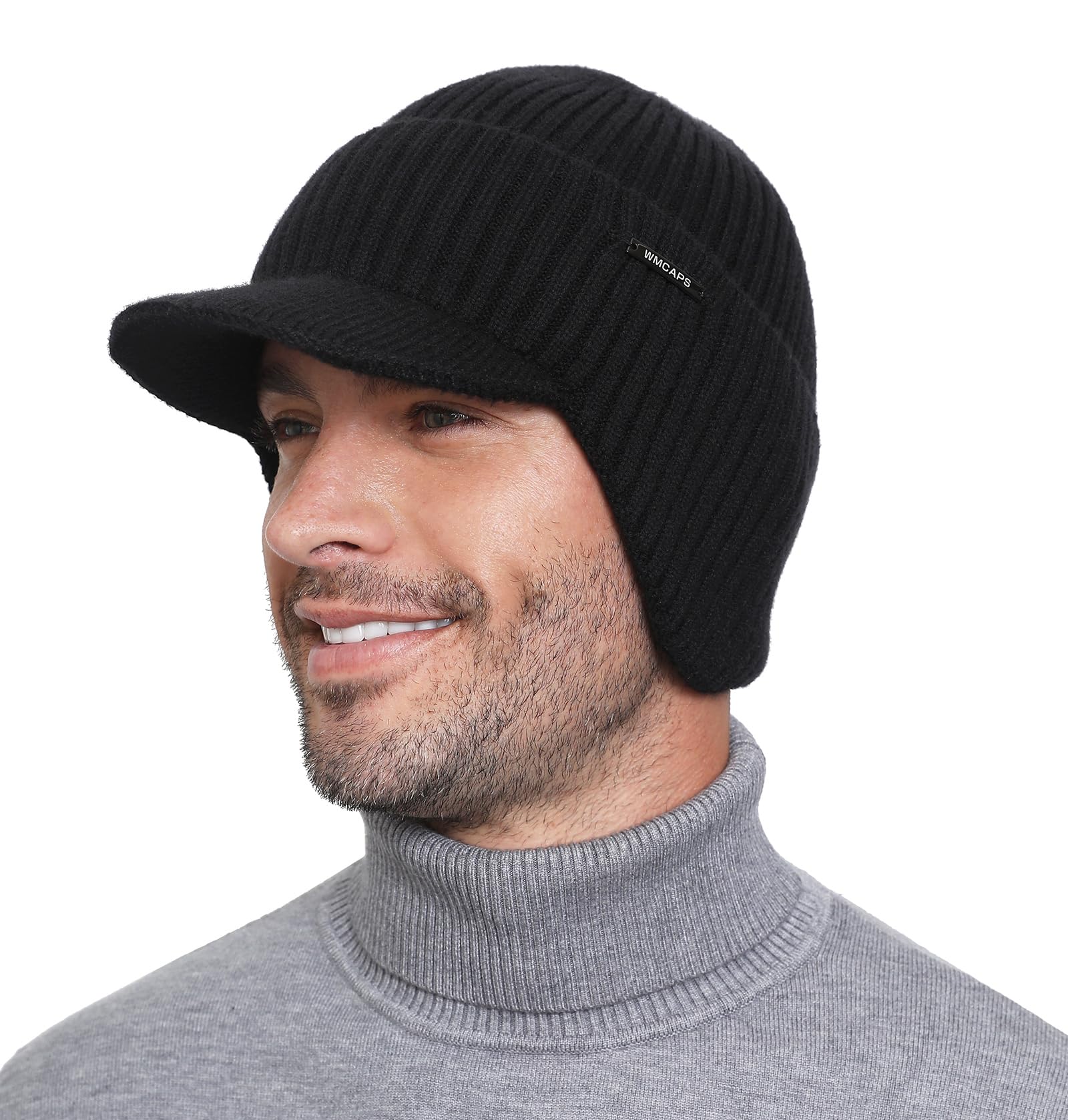 Wmcaps Winter Beanie with Brim and Ear Flaps, Outdoor Warm Fleece Lined Knit Hat