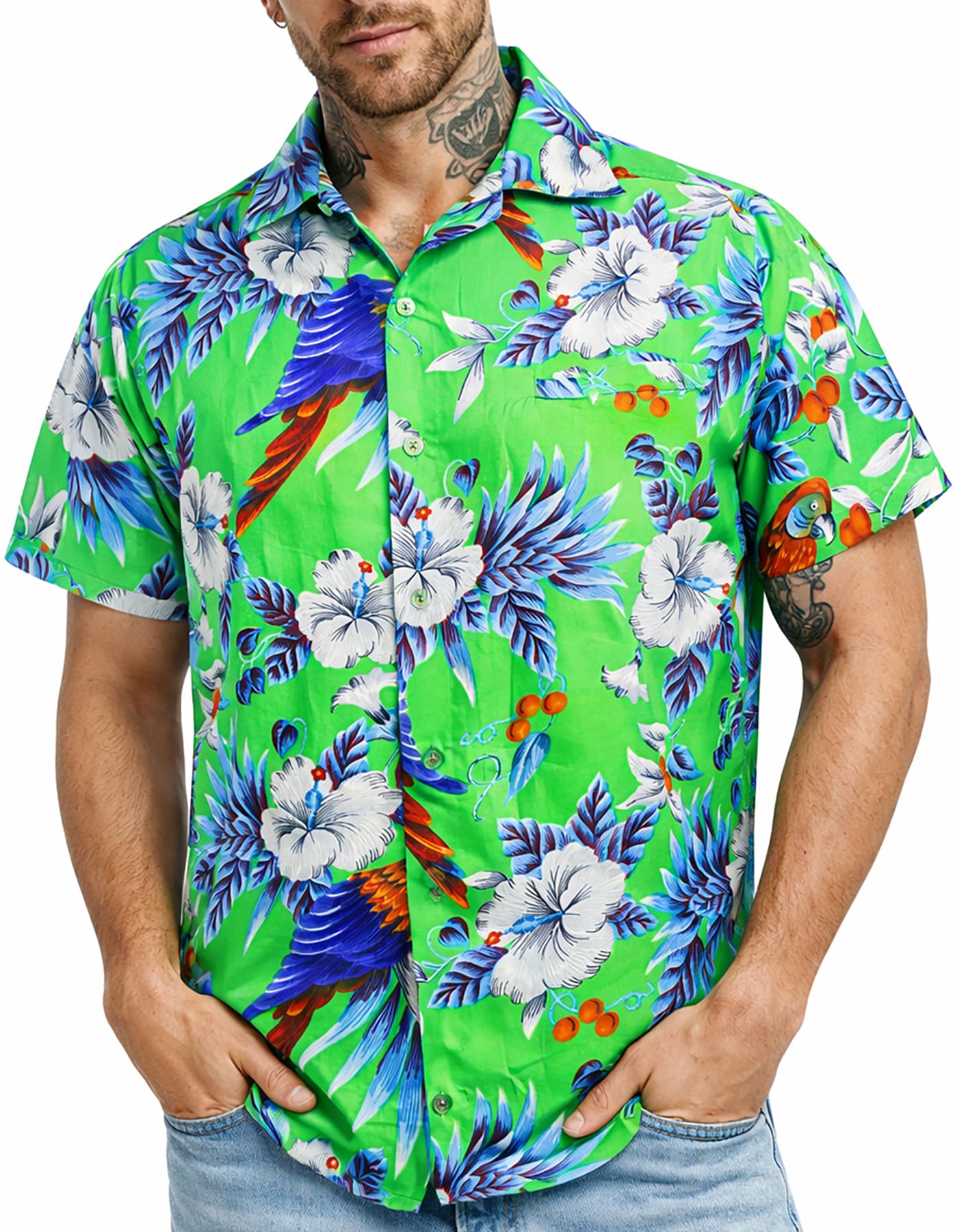 King Kameha Camicia Hawaiana Uomo a Maniche Corte con Stampa Pappagallo e Cilieg