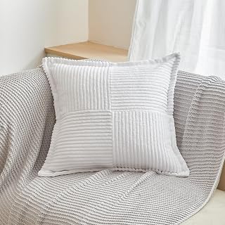 White Corduroy Decorative Throw Pillow Covers 18x18, Soft Patchwork Square Cushion Cover for Living Room Sofa Couch Bed Boho Farmhouse Decor Pack of 1