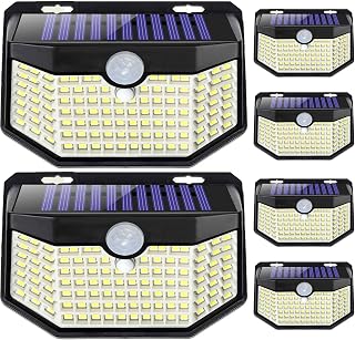 HMCITY 120 LED Outdoor Solar Lights with Motion Sensor and 3 Lighting Modes, IP65 Waterproof Wide Solar Wall Lights Ideal for Garden Patio Yard (Front Button 6Packs, Black Shell-Daylight White)