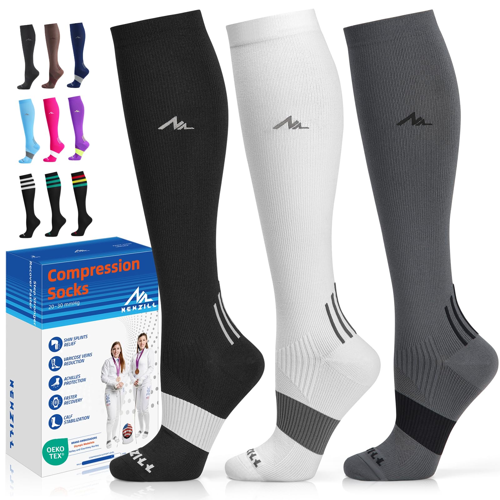 NEWZILL Compression Socks for Men and Women, 1 Pair Compression Socks 20-30 mmHg