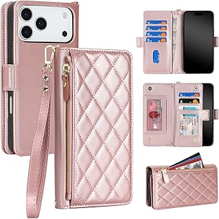 Case Wallet for iPhone 18 Pro Max/17 Pro Max with Strap,Rhombus- Rosegold