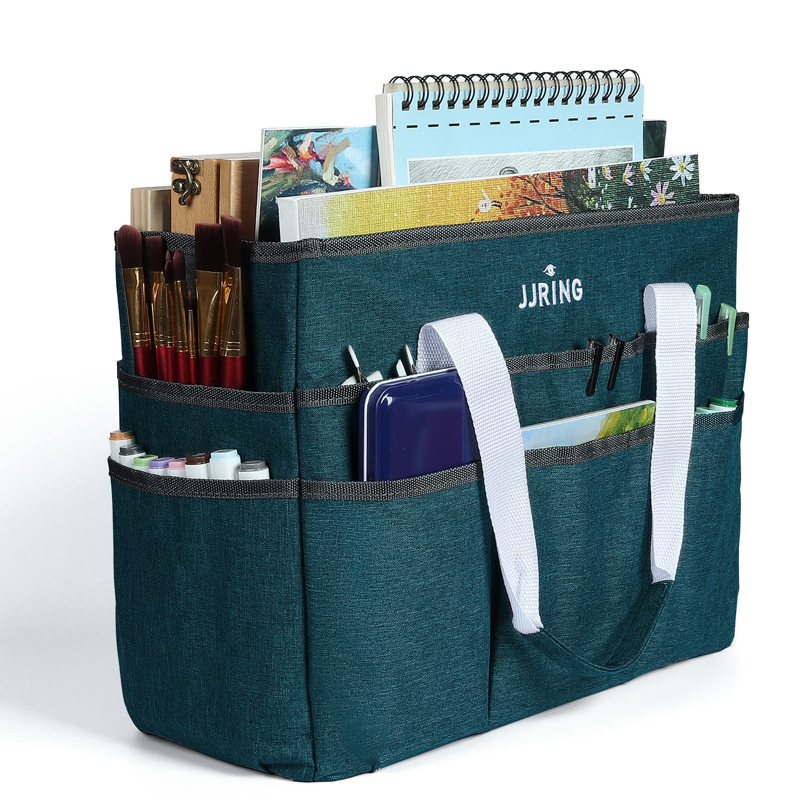 JJRING Craft Organizer Tote Bag Large Art Storage Caddy Bluish Green | With Mult