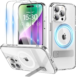 Magnetic Case for iPhone 15 Pro Max Case with Stand, Slim Kickstand with Screen Protector Compatible with Magsafe Shockproof Crystal Clear Cases Phone Case Cover 6.7-Inch (2023), Clear