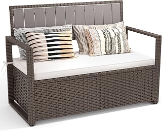 YITAHOME 70 Gallon All-Weather PE Rattan Storage Bench, Waterproof Deck Box Seat for Patio Furniture, Outdoor Cushions, Pool & Garden Tools, Brown