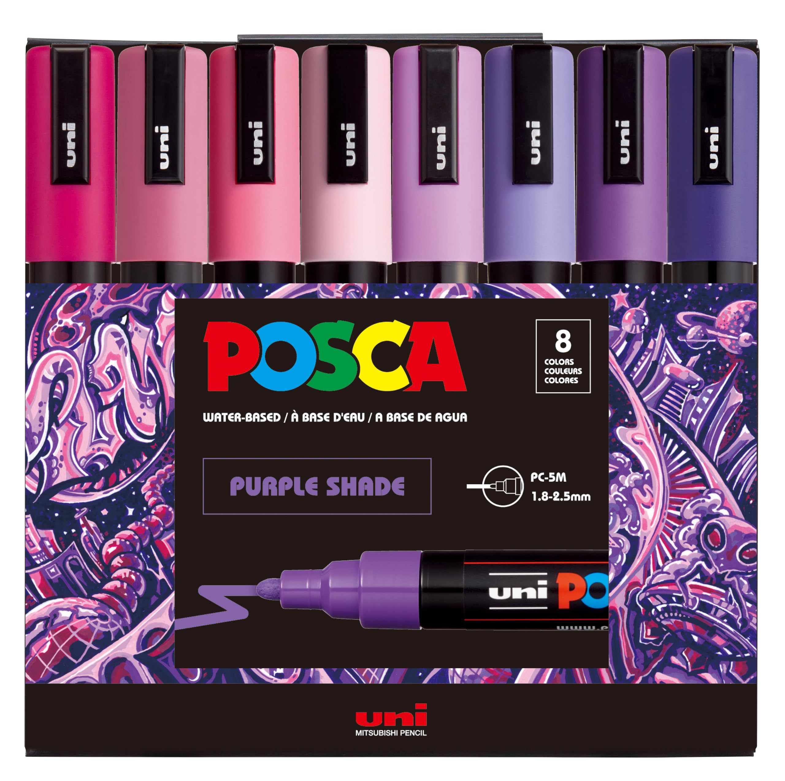 posca® PC-5M Water-Based Paint Markers, Medium Reversible Tip (1.8–2.5 mm), 8 Co