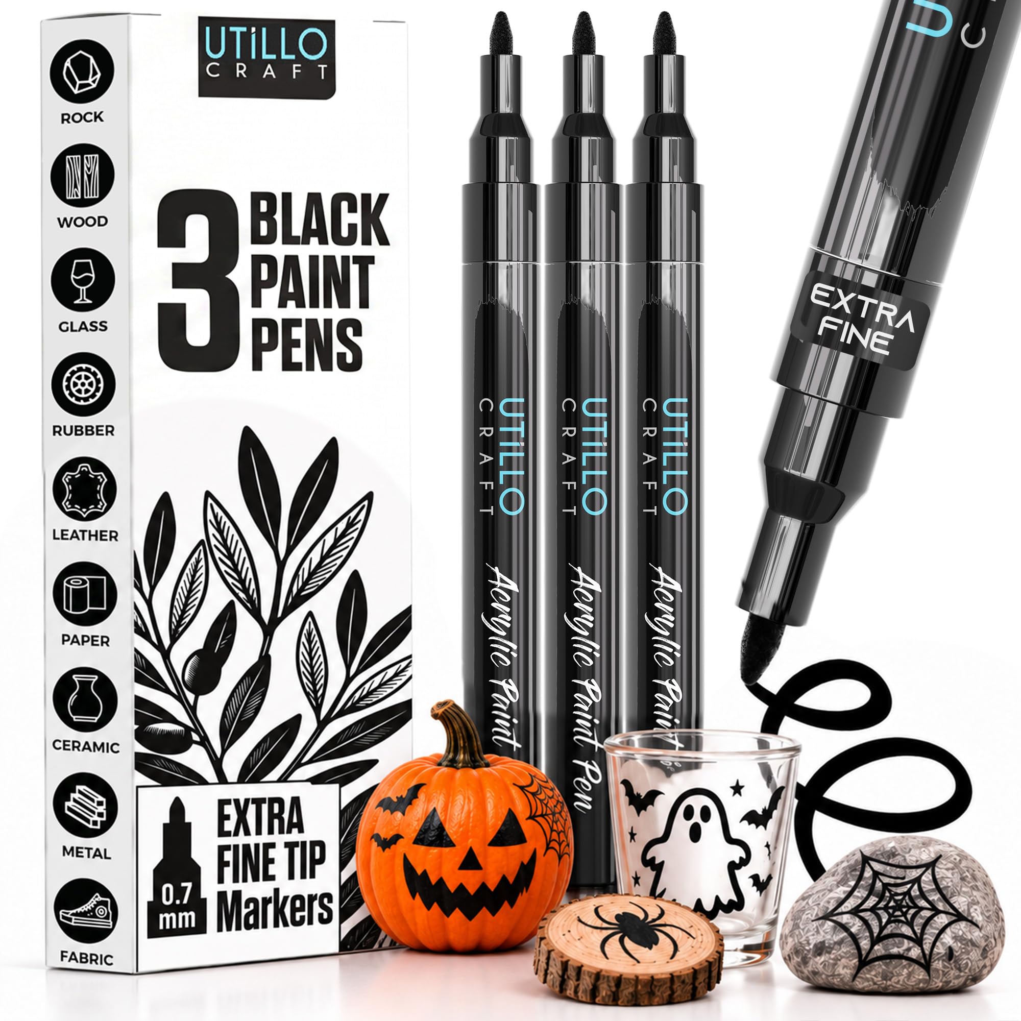 Utillo Craft Black Paint Pen (3-Pack), 0.7mm Extra Fine Black Paint Markers