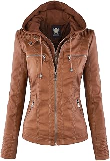 Lock and Love Women's Faux Leather Moto Biker Jacket Coat with Removable or Non-Removable Hood