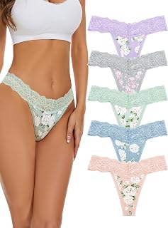 VOENXE Seamless Thongs for Women,Lace No Show Cotton Blend Underwear,5 Pack
