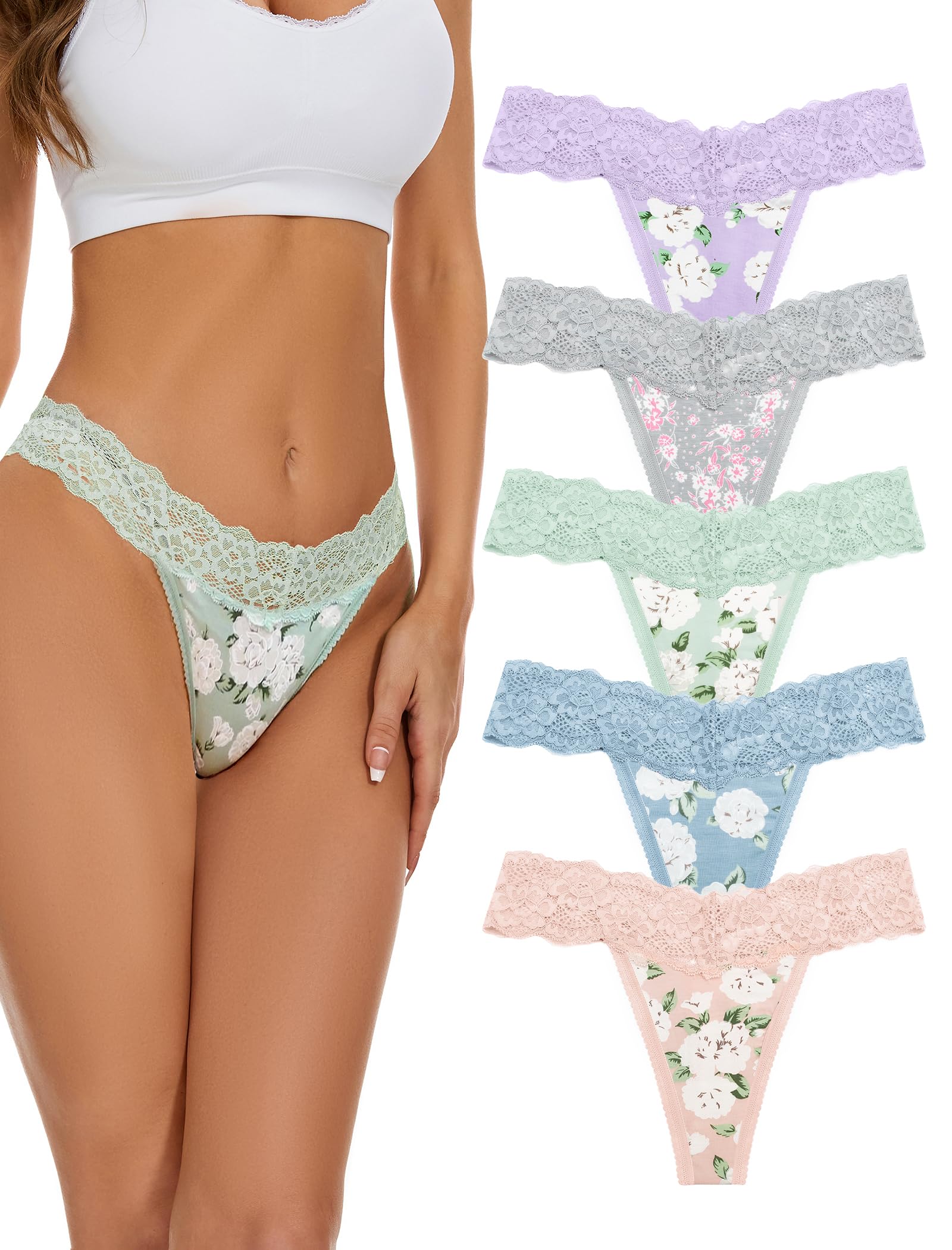 VOENXE Seamless Thongs for Women,Lace No Show Cotton Blend Underwear,5 Pack