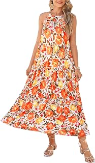 GRACE KARIN 2026 Women's Floral Halter Maxi Dress Boho Summer Beach Sundress with Tiered Ruffle Skirt