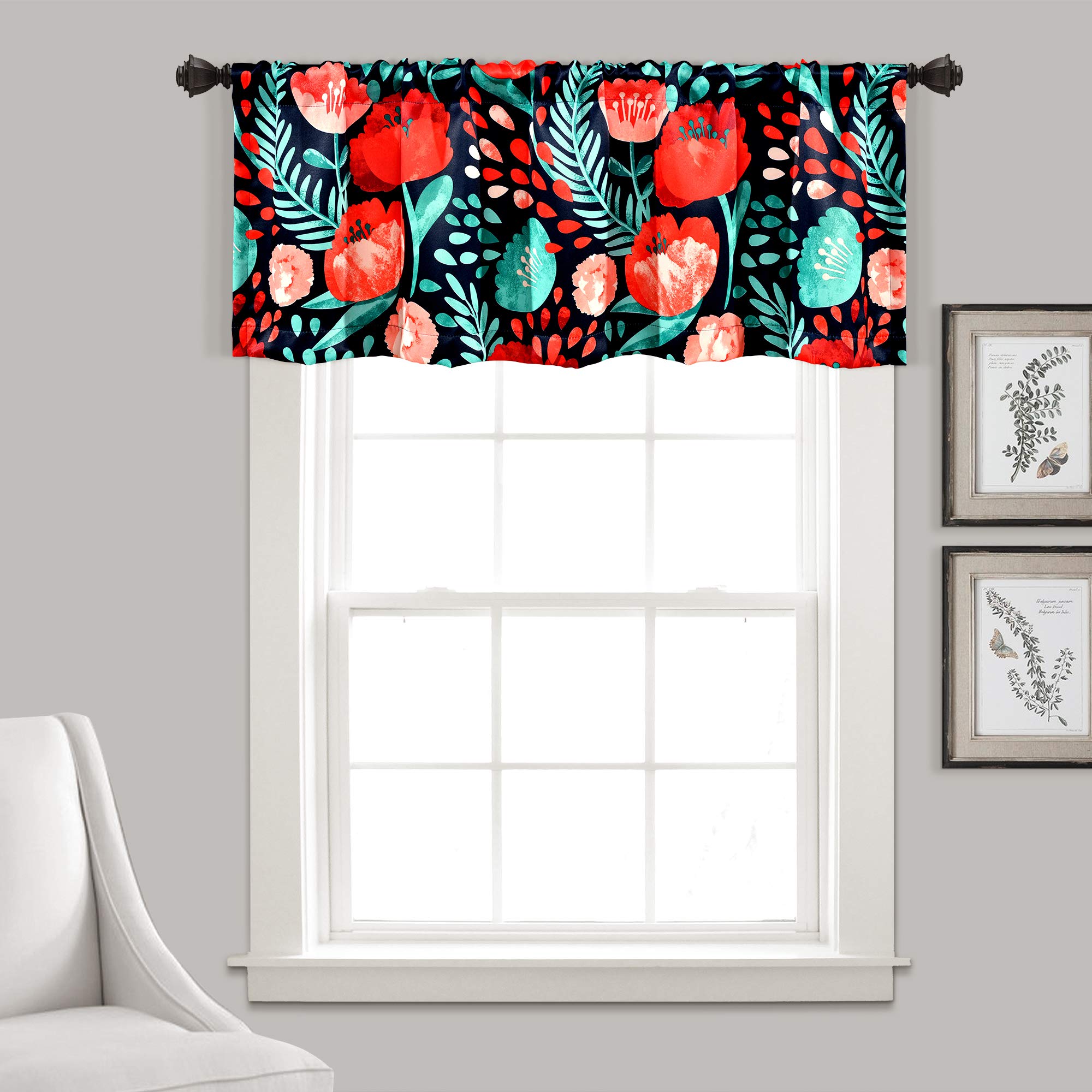 Lush Decor Poppy Garden Light Filtering Window Curtain Navy Blue 18" x 52"