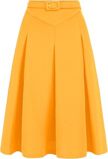Allegra K Women Office Work Belted Waist Midi A-Line Pleated Skirt