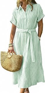 CHOUYATOU Women's Summer Boho Belted Striped Shirt Dress Casual Loose Short Sleeve Midi Long Beach Dress