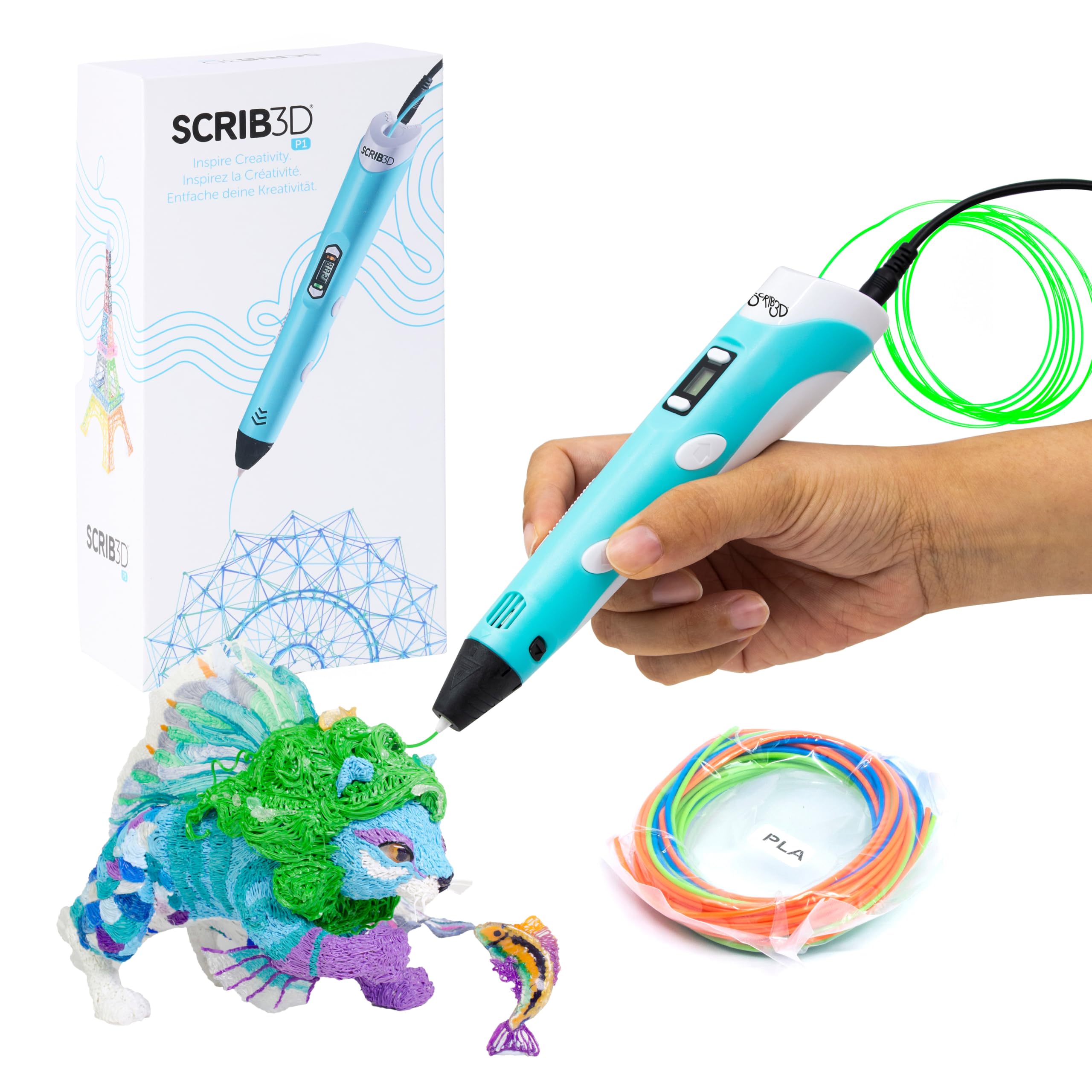 SCRIB3D P1 3D Printing Pen with Display - Includes 3D Pen, 3 Starter Colors of P