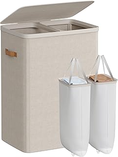 SONGMICS Laundry Basket, 170L Laundry Hamper with Lid, 2 Removable Bags | Easy Assembly Laundry Sorters, with Handles, 22.1 x 15.8 x 29.5 Inches, Cappuccino, BROSI Collection ULCB813L01
