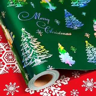 Burymento Green Christmas Wrapping Paper Roll, Holographic Iridescent Christmas Tree Gift Wrapping Paper, Reversible Red Snowflakes Gift Wrap for Xmas Holiday, Present Packaging (17 Inch X 32.8 Feet)