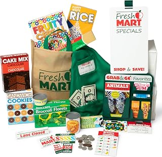 Melissa & Doug Fresh Mart Grocery Store Companion Pretend Play Food Set | 70 Pieces, Pretend Play Grocery Store Accessories, Toy Food Boxes, Cans, Apron, Play Money, Preschool Toys for Kids, Ages 3+