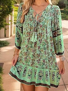 Women's V Neck Boho Mini Dress 3/4 Sleeve Casual Holiday Dress