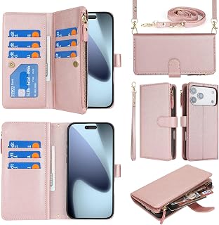 Purse Wallet for iPhone 18 Pro/iPhone 17 Pro Case with Strap,Rosegold